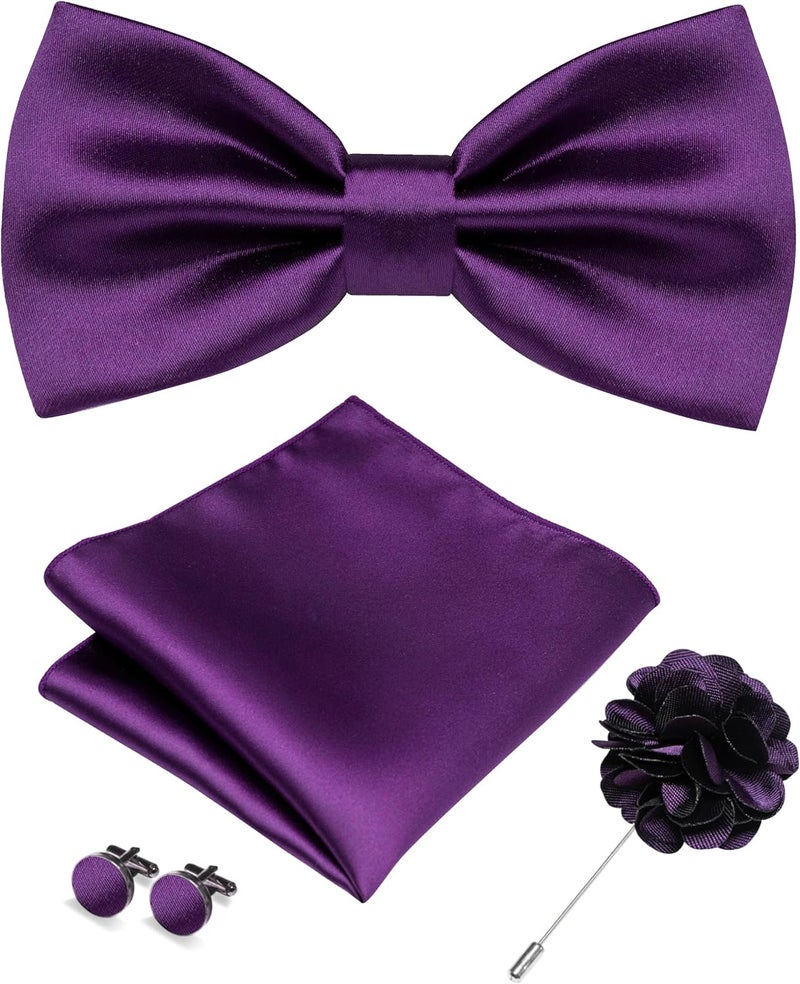 RBOCOTT Solid Color Bow Tie and Pocket Square with Lapel Pin Cufflinks Set 4PCS - Image 1